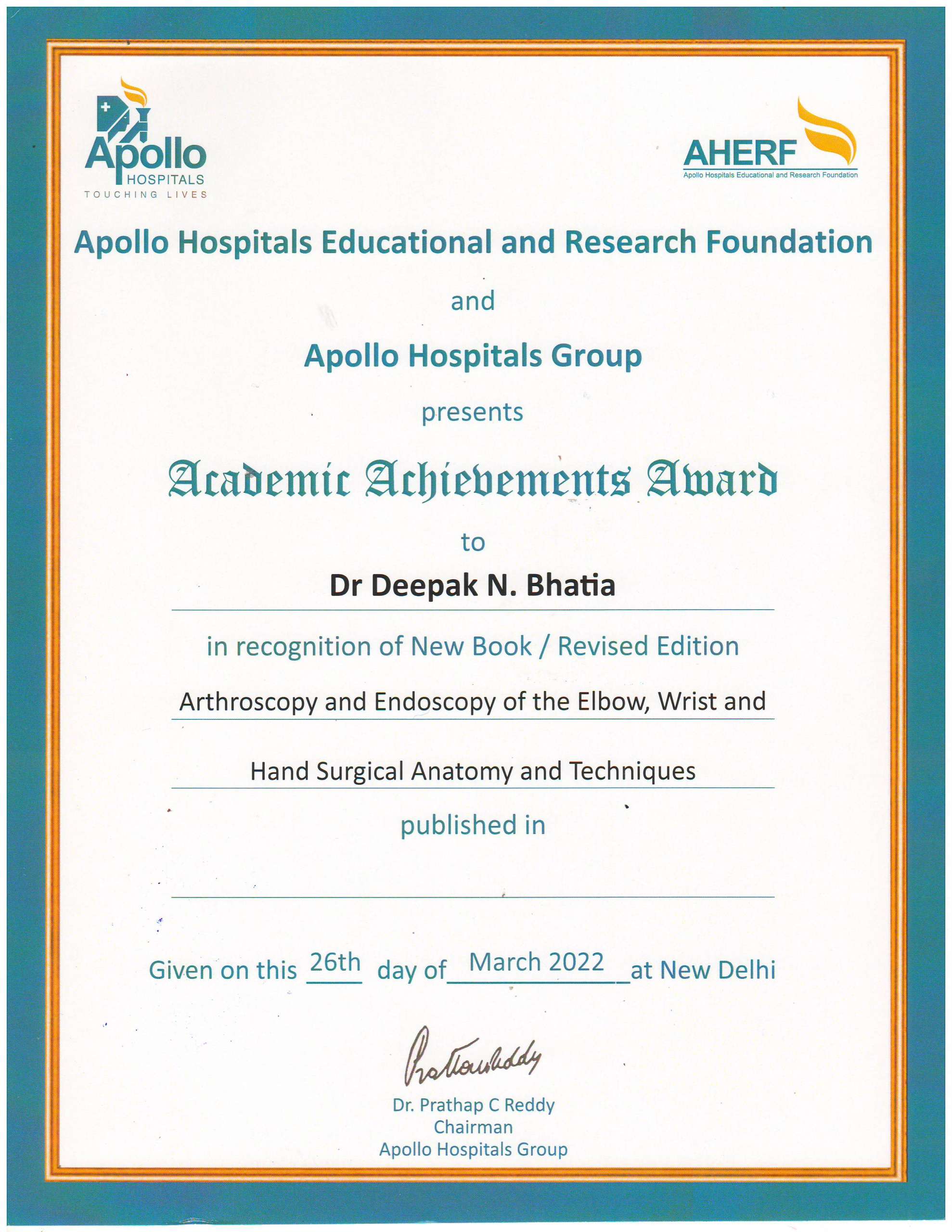 Academic Achievements Award, Apollo Group of Hospitals, 2022